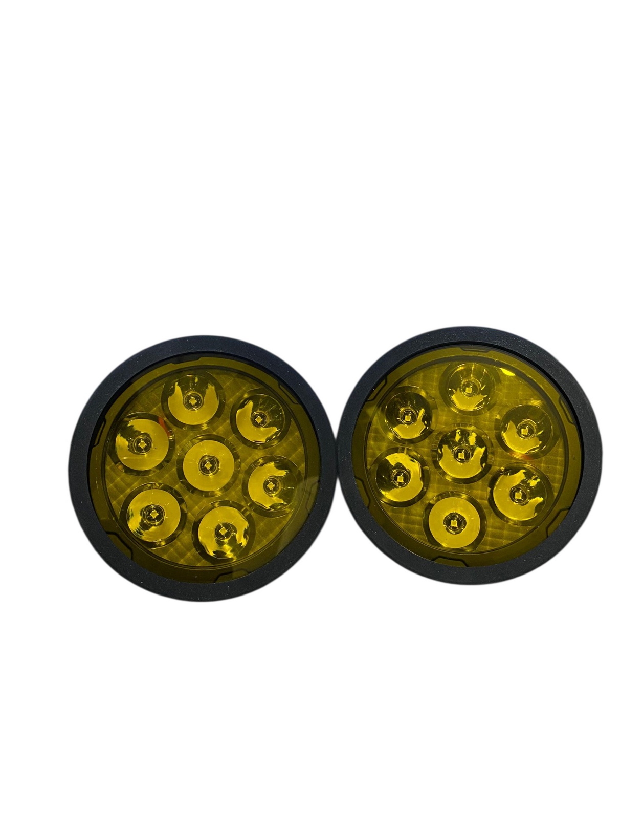 HJG New 7 LED 140W Projector CREE Combo Round Foglight with Yellow Cover 140W 7 LED HJG 140W 5 LED CREE 2 LED Projector 7 LED Foglight Car Accessories Led Headlights Lights Led Fog Lights For Motorcycle Car SUV Lights, Set of 2 with Wiring Harness Kit